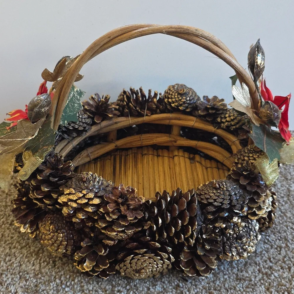 Vintage Pinecone Basket with Red And Gold Accents